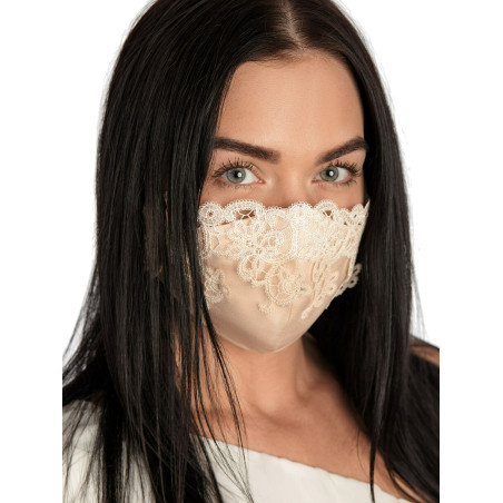 Masque de protection en dentelle brodée et coton beige