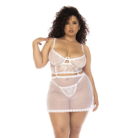 2 en 1 Nuisette et ensemble 2 pièces grande taille en dentelle et résille transparente - MAL7544XWHT