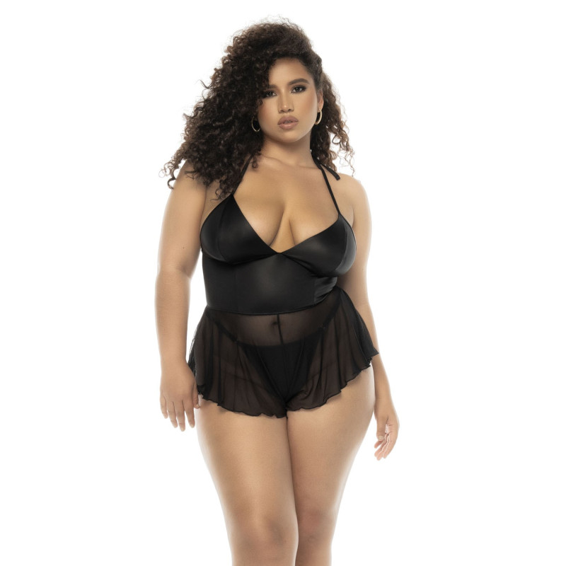 Body effet babydoll Pearl grande taille en wetlook noir et résille