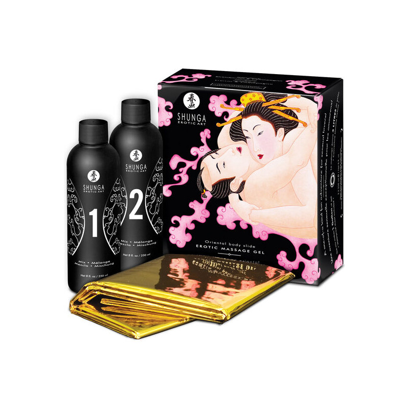 SHUNGA - GEL DE MASSAGE ÉROTIQUE ORIENTAL CORPS À CORPS FRAISES ET CAVA