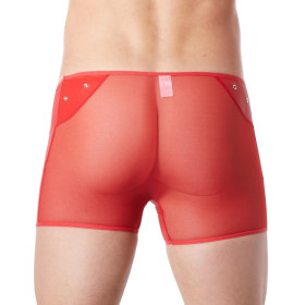 Boxer rouge sexy maille transparente et bande style cuir - LM807-67RED