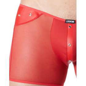 Boxer rouge sexy maille transparente et bande style cuir - LM807-67RED