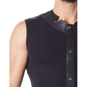 V-shirt débardeur noir satiné avec bandes style cuir et dos avec transparence - LM807-77BLK