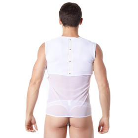 V-shirt débardeur blanc satiné avec bandes style cuir et dos avec transparence - LM807-77WHT