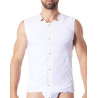 V-shirt débardeur blanc satiné avec bandes style cuir et dos avec transparence - LM807-77WHT