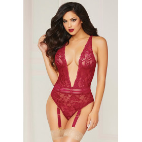 Floral Lace Teddy Wine O/S