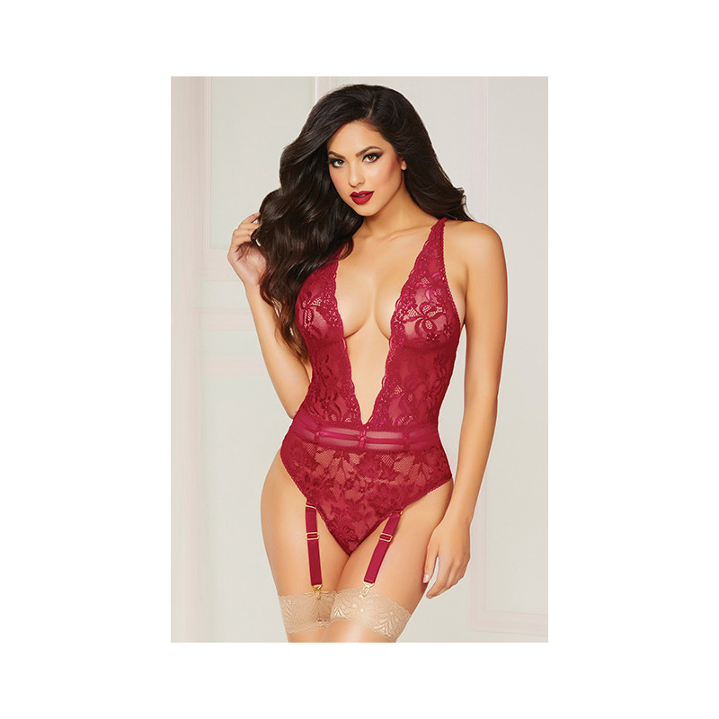 Floral Lace Teddy Wine O/S