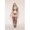 Soutien porte jarretelles grande taille et string en dentelle florale bleue - DG13522XBLU