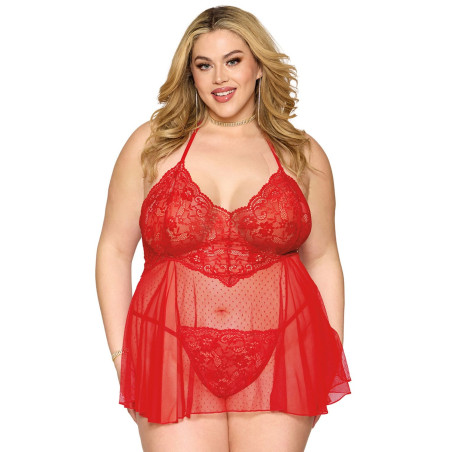 Nuisette grande taille rouge en résille et dentelle florale