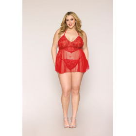 Nuisette grande taille rouge en résille et dentelle florale