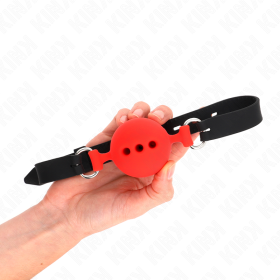 KINK - BÂILLON ENTIÈREMENT SILICONE 55 x 2 CM AVEC BOULE DE 5 CM TAILLE L ROUGE AJUSTABLE 35-51 CM