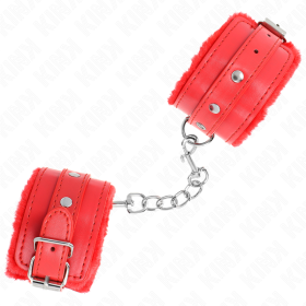 KINK - APPUI-POIGNETS DOUBLÉS DE FOURRURE PREMIUM ROUGE AVEC CEINTURE ROUGE RÉGLABLE 17-29 CM X 6 CM