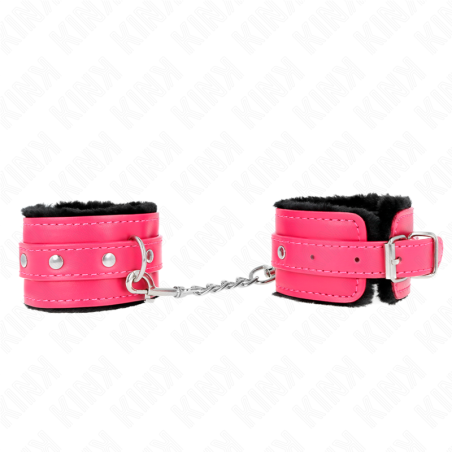 KINK - APPUI-POIGNETS DOUBLÉS DE FOURRURE PREMIUM NOIR AVEC CEINTURE ROSE FRAMBOISE AJUSTABLE 17-29 CM X 6 CM