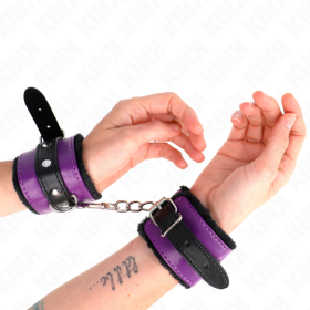 KINK - APPUI-POIGNETS DOUBLÉS DE FOURRURE PREMIUM NOIR AVEC CEINTURE VIOLET / NOIRE RÉGLABLE 17-29 CM X 6 CM