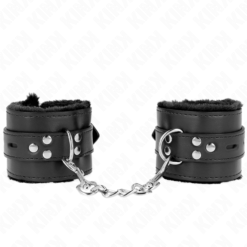 KINK - APPUI-POIGNETS DOUBLÉS DE FOURRURE AVEC TROUS CARRÉS NOIR ET CEINTURE NOIRE RÉGLABLE 17-29 CM X 6 CM