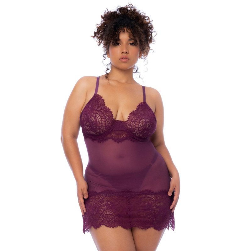 Nuisette en dentelle grande taille bordeaux et string assorti - MAL7554XWINE