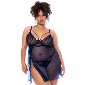 Nuisette grande taille bleu nuit et string - MAL7555XMNBL