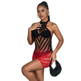 SUBBLIME - 952242 BODYSTOCKING RÉSILLE ÉLASTIQUE DÉGRADÉ ROUGE ET NOIR TAILLE UNIQUE