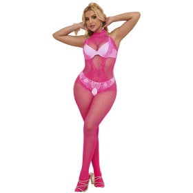 SUBBLIME - 952389 BODYSTOCKING RÉSILLE ET DENTELLE SANS FOURRURE AVEC COL MONTANT ROSE TAILLE UNIQUE