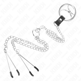 KINK - ANNEAU PÉNIS EN MÉTAL TRIPLE CHROME 3 CM À 4,5 CM AVEC CHAÎNE EN MÉTAL DE 26 CM ET PINCES À TÉTONS