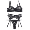 SUBBLIME - ENSEMBLE 3 PIÈCES SOUTIEN-GORGE + STRING + JARRETIÈRE IMPRIMÉ FLORAL NOIR S/M