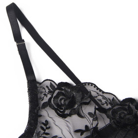 SUBBLIME - ENSEMBLE 3 PIÈCES SOUTIEN-GORGE + STRING + JARRETIÈRE IMPRIMÉ FLORAL NOIR S/M