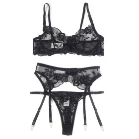 SUBBLIME - LOT 3 PIÈCES SOUTIEN-GORGE + STRING + JARRETIÈRE IMPRIMÉ FLORAL NOIR L/XL