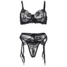 SUBBLIME - LOT 3 PIÈCES SOUTIEN-GORGE + STRING + JARRETIÈRE IMPRIMÉ FLORAL NOIR L/XL