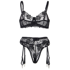 SUBBLIME - LOT 3 PIÈCES SOUTIEN-GORGE + STRING + JARRETIÈRE IMPRIMÉ FLORAL NOIR L/XL