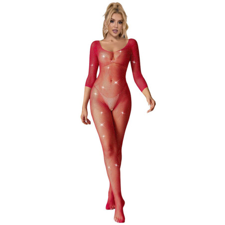 SUBBLIME - 952419 BODYSTOCKING RESILLE AVEC LOSANGES MANCHES LONGUES ROUGE TAILLE UNIQUE