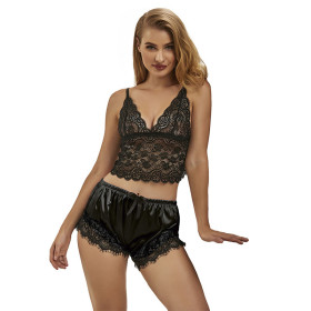 SUBBLIME - 953935 CHEMISE DE NUIT DÉCONTRACTÉE EN SOIE + PANTALON EN DENTELLE NOIR S/M