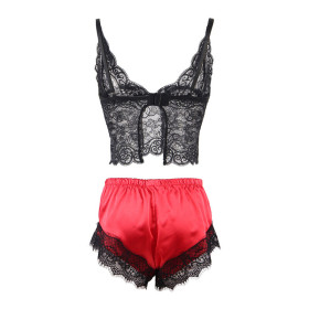 SUBBLIME - 953959 CHEMISE DE NUIT DÉCONTRACTÉE EN SOIE + PANTALON EN DENTELLE NOIR/ROUGE S/M