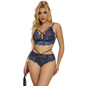 SUBBLIME - 954062 SOUTIEN-GORGE + CULOTTE DENTELLE BLEU S/M