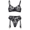 SUBBLIME - 945237 SOUTIEN-GORGE + CULOTTE AVEC PORTE-JARRETELLES MOTIF FLORAL NOIR S/M