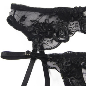 SUBBLIME - 945237 SOUTIEN-GORGE + CULOTTE AVEC PORTE-JARRETELLES MOTIF FLORAL NOIR S/M