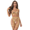 SUBBLIME - 954345 SOUTIEN-GORGE + STRING + PORTE-JARRETELLES MOTIF FLORAL JAUNE S/M