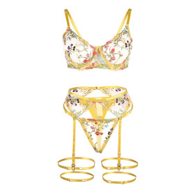 SUBBLIME - 954345 SOUTIEN-GORGE + STRING + PORTE-JARRETELLES MOTIF FLORAL JAUNE S/M