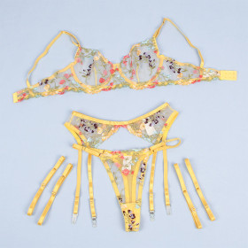 SUBBLIME - 954345 SOUTIEN-GORGE + STRING + PORTE-JARRETELLES MOTIF FLORAL JAUNE S/M