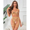 SUBBLIME - 954352 SOUTIEN-GORGE + STRING + PORTE-JARRETELLES MOTIF FLORAL JAUNE L/XL