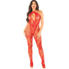 LEG AVENUE - BODYSTOCKING EN MAILLE IMPRIMÉ FLEURI ROUGE TAILLE UNIQUE