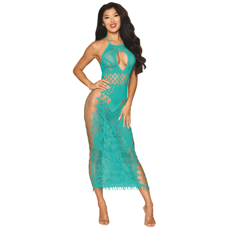 Robe longue résille fantaisie turquoise - DG0524AGA