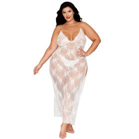 Nuisette longue blanche grande taille en dentelle florale