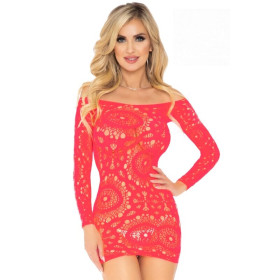 LEG AVENUE - MINI ROBE EN DENTELLE CROCHET  MANCHES LONGUES CORAIL TAILLE UNIQUE