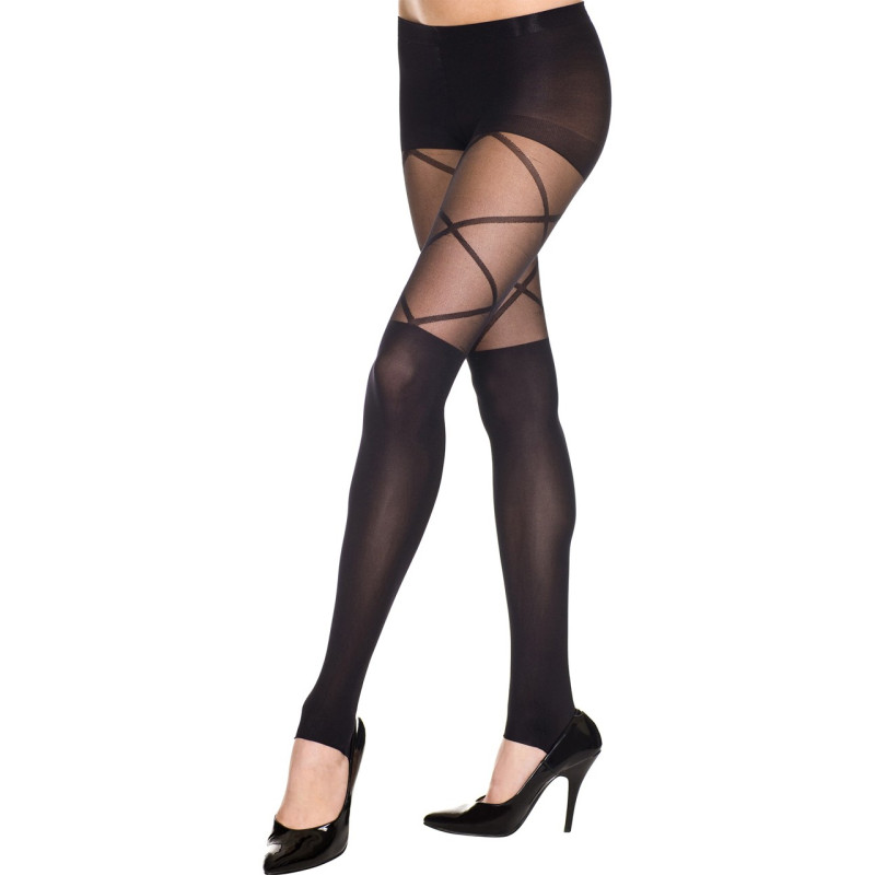 Collant noir effet legging fashion opaque et transparent style cuissarde - MH7389BLK