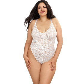 Body string grande taille blanc échancré dentelle avec jupe de maille transparente amovible - DG10996XWHT