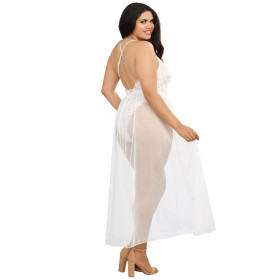 Body string grande taille blanc échancré dentelle avec jupe de maille transparente amovible - DG10996XWHT