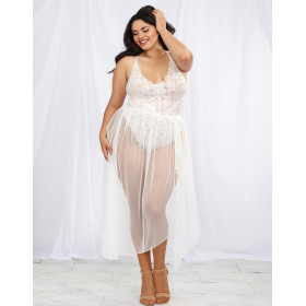 Body string grande taille blanc échancré dentelle avec jupe de maille transparente amovible - DG10996XWHT