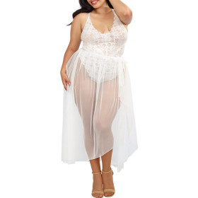 Body string grande taille blanc échancré dentelle avec jupe de maille transparente amovible - DG10996XWHT