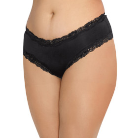 Tanga grande taille noir satiné bordures dentelle ajouré sur les fesses - DG1434XBLK