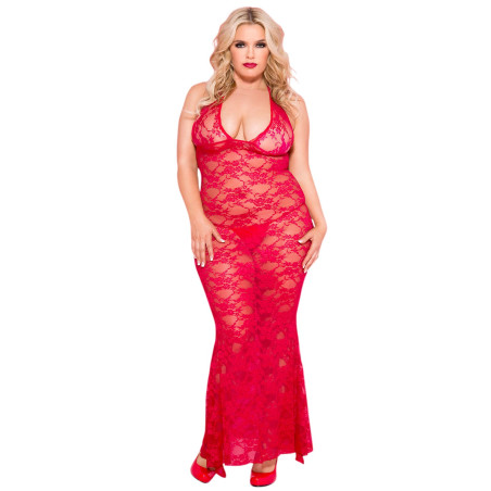 Nuisette grande taille longue rouge décolletée dentelle florale - ML53012XRED